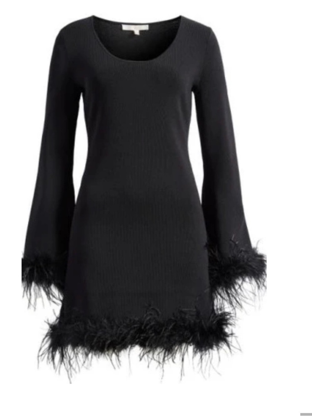 WAYF - Karlie Feather Trim Long Sleeve Minidress in Black - NWT